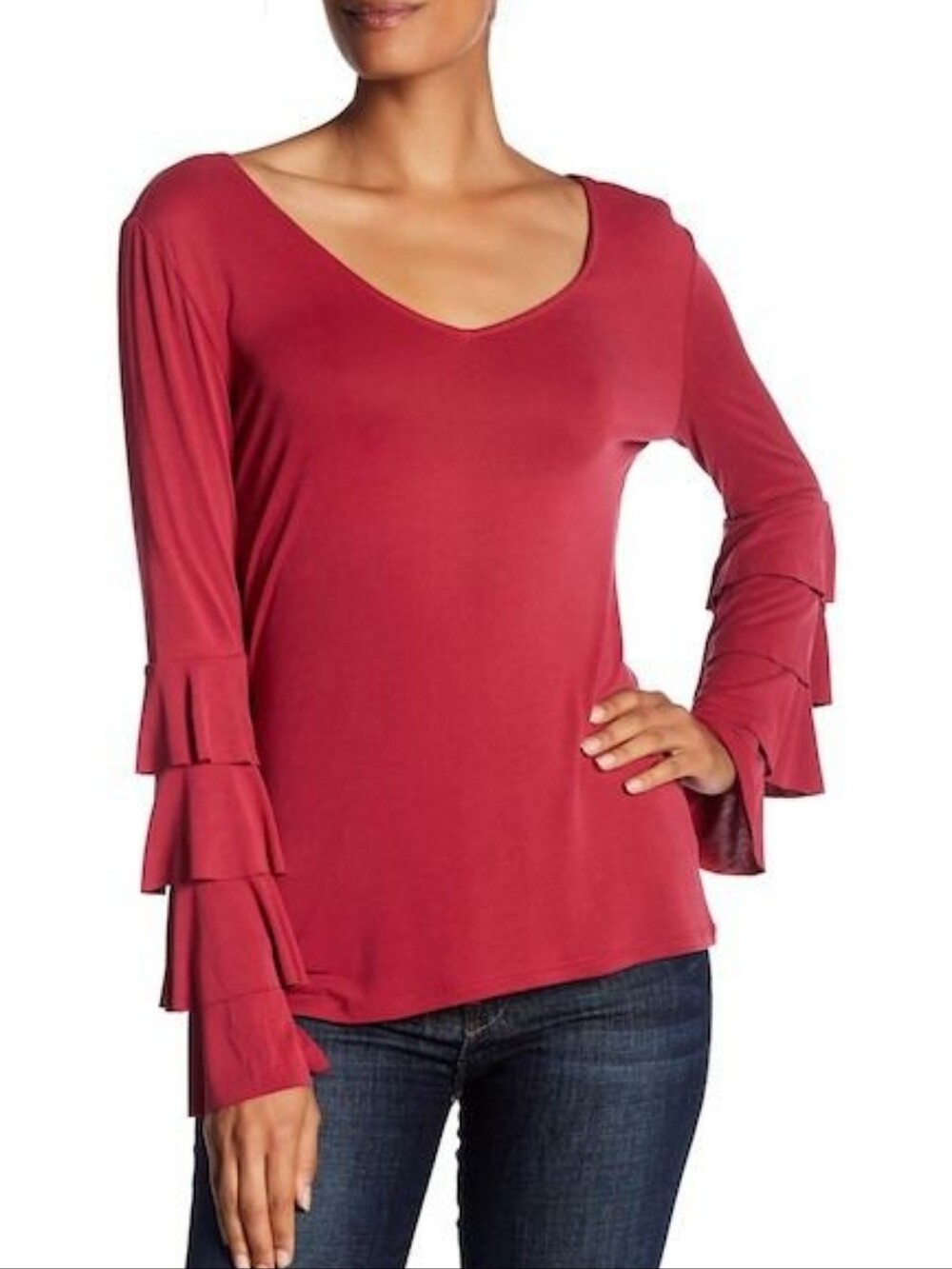 Tier Ruffled V‑neck top — Ultra‑soft and Flattering. Dark Red